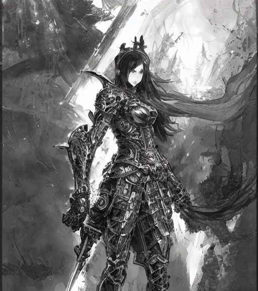 Image similar to anime woman in armor, pen and ink, intricate line drawings, by craig mullins, ruan jia, kentaro miura, greg rutkowski, loundraw