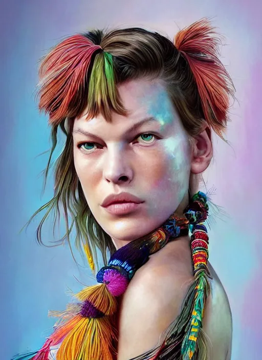 Image similar to beautiful portrait of teenager Milla Jovovich wearing fantastic Hand-dyed cotton dress,embellished beaded feather decorative fringe knots ,colorful pigtail,subtropical flowers and plants,dramatic,symmetrical face,intricate,elegant,highly detailed,8k,post-processing,digital painting,trending on pinterest, GUCCI,PRADA,concept art, sharp focus, illustration, by artgerm,Tom Bagshaw,Lawrence Alma-Tadema,greg rutkowski,alphonse Mucha