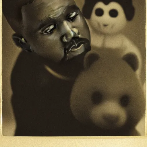 Image similar to Portrait studio photograph of Kanye West & an anthropomorphic teddy bear, close up, shallow depth of field, in the style of Felice Beato, Noir film still, 40mm