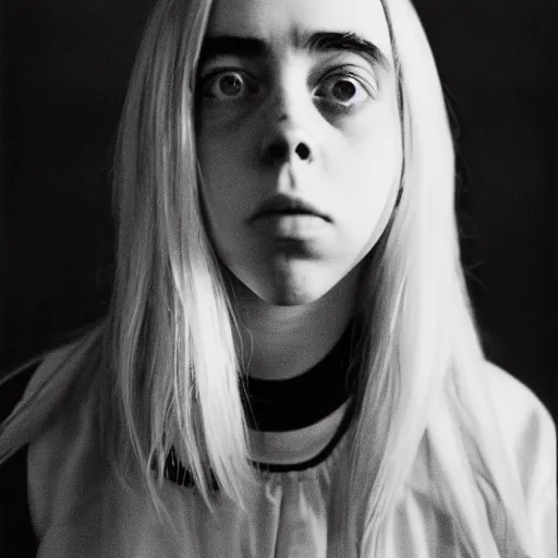 Prompt: photo of Billie Eilish by Diane Arbus, black and white, high contrast, Rolleiflex, 55mm f/4 lens