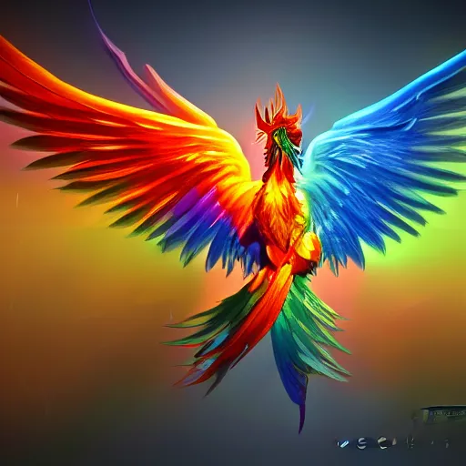 Image similar to a fantasy painting of an abstract rainbow phoenix on a dark background, high contrast, positive energy, unreal engine 5, Houdini render