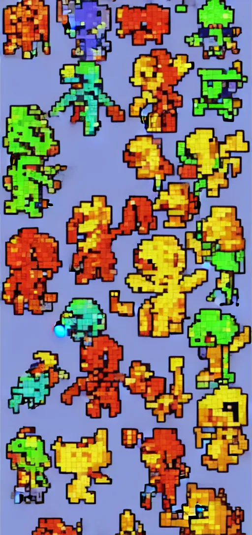 Image similar to pixel art sprite sheet of cute catchable monsters primary colors