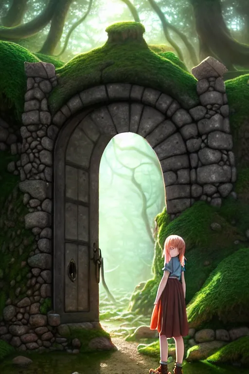 Prompt: a highly detailed matte painting of a teenager with shaggy hair and hip clothes standing in front of a stone gate in the elven forest ruins, by studio ghibli, by artgerm, by wlop, by greg rutkowski, red tones, volumetric lighting, octane render, 4 k resolution, trending on artstation, masterpiece