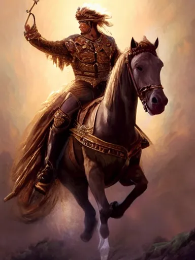 Image similar to an ancient handsome hero, laurels of glory, returns to home triunphantly mounted in a horse. full of pride. victorirous. prideful.. intricate, elegant, highly detailed, digital painting, artstation, concept art, sharp focus, illustration, by justin gerard and artgerm, 8 k