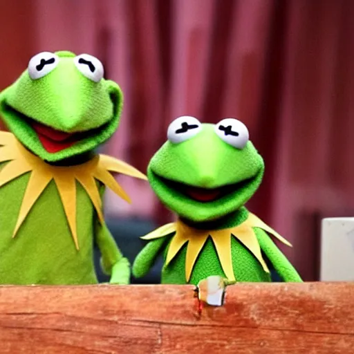 Prompt: kermit the frog in opiates, hypodermic needles,