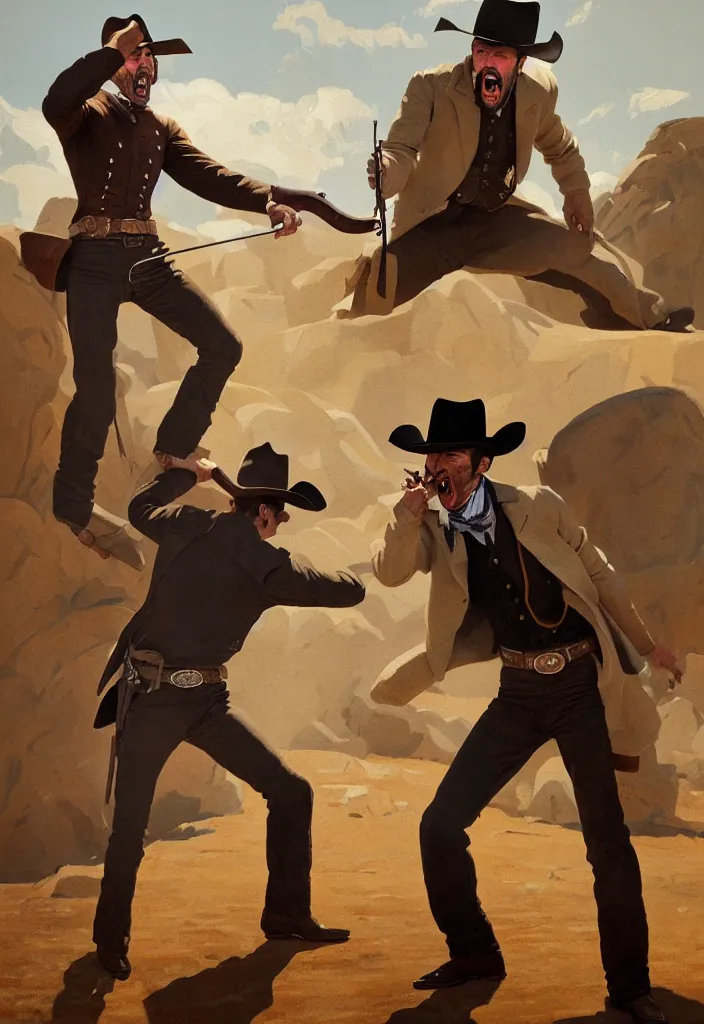 Image similar to acrylic on paper painting of an epic portrait of a cowboy firing his revolver while yelling, full body with dynamic pose and correct anatomy, during archetypical Old West period, 19th century, male, detailed face, cinematic lighting, by concept art trending on ArtStation, masterpiece, fantastic, octane render, 8K HD Resolution, High quality image