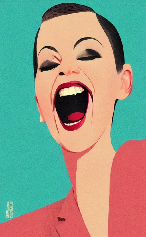 Prompt: illustration portrait of a woman with white buzzcut laughing out loud, art deco painting by tom whalen, funny meme photo, trending on behance, digital illustration, storybook illustration, grainy texture, flat shading, vector art, airbrush, pastel, watercolor, poster