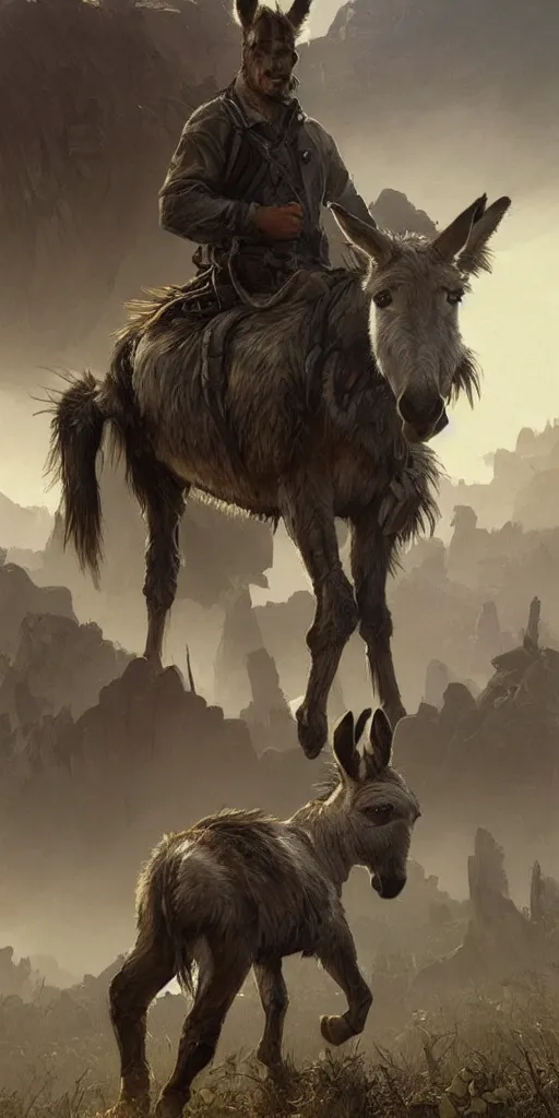 Image similar to a single wild donkey is roaming in a post - apocalyptic united states, highly detailed, digital painting, artstation, concept art, smooth, sharp focus, illustration, art by artgerm and greg rutkowski and alphonse mucha, 8 k