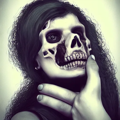 Prompt: a portrait of a woman with a skull text, award winning, trending on artstation, unreal engine