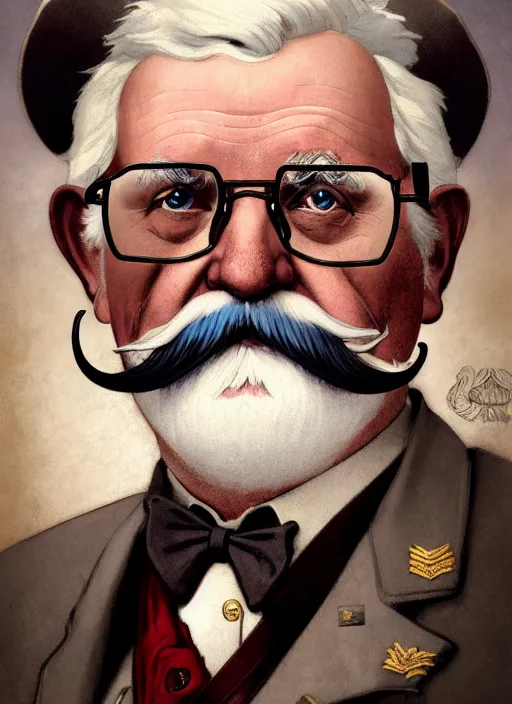 Image similar to close up portrait of colonel sanders, decorated civil war veteran, long handlebar mustache, union uniform by artgerm, cushart krenz, greg rutkowski, mucha. art nouveau. gloomhaven, military symbolism, pale colors, sharp edges. ultra clear detailed. 8 k. elegant, intricate, octane render