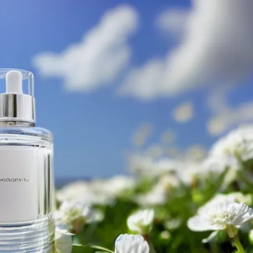 Prompt: bright perfume bottle sitting on a white clean surface surrounded by a plethora of blurred white flowers close up shot, upfront, with sunny bright blue sky and clouds in the background, softly - lit, soft - warm, zen, light, modern minimalist f 2 0 clean