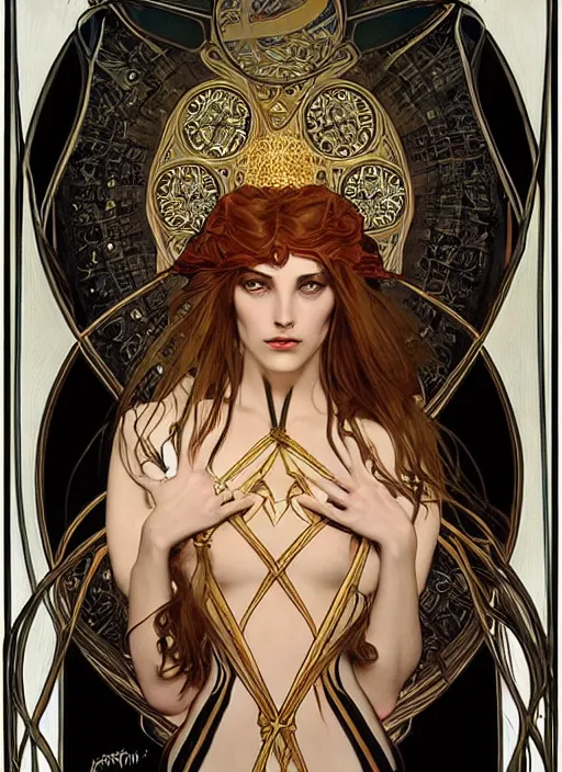 Image similar to a highly detailed symmetrical painting of a sorceress with piercing beautiful eyes, dark tomb setting, dynamic lighting, ambient lighting, deviantart, art by alphonse mucha and artgerm and karol bak and mark brooks