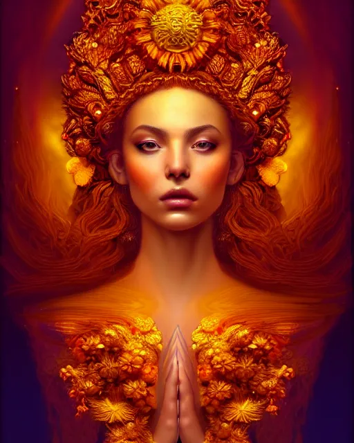 Image similar to portrait of the goddess of golden fire, unusual beauty, flowers and plants, emotionally evoking symbolic metaphors, head in focus, fantasy, ornamental, intricate, elegant, sensual, highly detailed digital painting, artstation, concept art, painterly, golden ratio, sharp focus, illustration