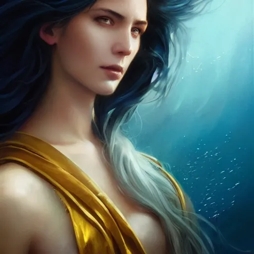 Prompt: beautiful portrait of a mystical long black haired goddess of the sea wearing long blue gold water robes rising up from the deep blue waves, oil painting by Greg Rutkowski and Charlie Bowater and Artgerm, unreal 5, DAZ, beautiful RPG Portrait, trending on artstation, dynamic lighting, misty, ocean, blue theme, afternoon light