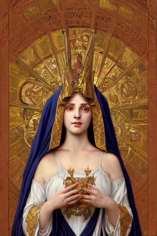 Image similar to Portrait of historically accurate, biblical, sneering, young, wicked, terrible, evil, pagan, beautiful, queen jezebel of ancient Israel, wearing gilded robes, long hair, intricate, elegant, highly detailed, masterpiece, illustration, art by artgerm and greg rutkowski and alphonse mucha and Wayne Barlowe and william-adolphe bouguereau, highly detailed, trending on artstation, award winning