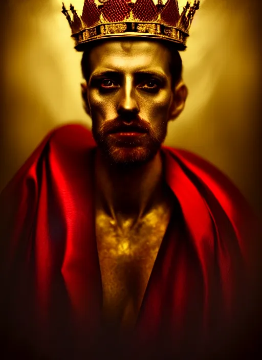 Image similar to 'Portrait of Crowned King Arthur' by Lee Jeffries royally decorated, whirling plasma, atmospheric motes, red and gold Sumptuous garb, gilt silk fabric, radiant colors, fantasy, perfect lighting, studio lit, micro details,