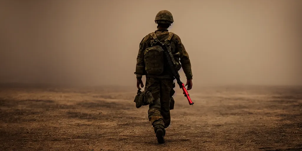 Prompt: a lone soldier walking from behind, cyan and red background, smoke