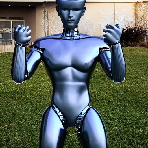 Image similar to made of ice, a realistic detailed photo of a guy who is an attractive humanoid who is half robot and half humanoid, who is a male android, on display, blank stare, showing off his muscles, shiny skin, posing like a statue, by the pool, frozen ice statue, twitch streamer / gamer ludwig, humanoid robot