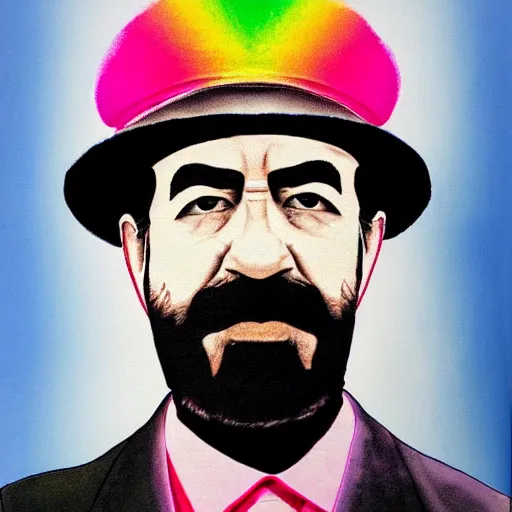 Image similar to rainbow portrait of saddam hussein wearing a pink puffy jacket and a black bucket hat, 8 k, very detailed, very intricate,