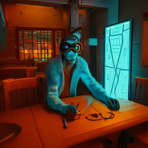 Prompt: Concept Art of blue luminescent man in futuristic Inuit Glasses living his life in Middle aged tavern in cyberpunk Interior design style by Moebius and Beeple. Very highly detailed 8K, Octane render
