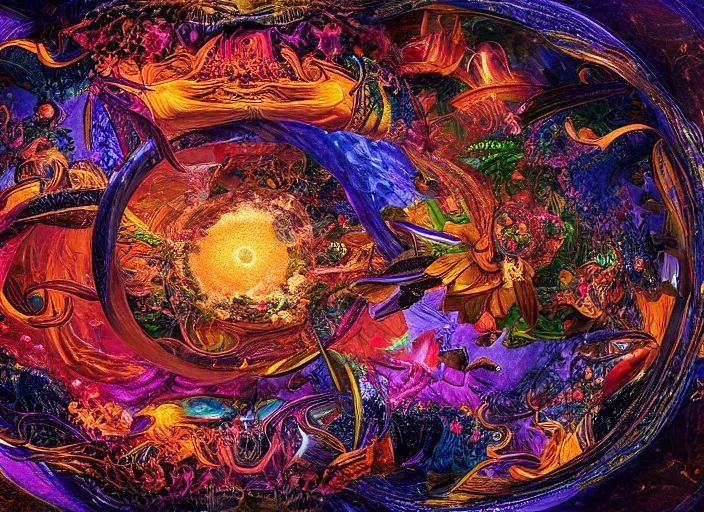 Prompt: the ouroboros of infinite flower universes, by adriaen van der spelt, dichromatism, paradox, volumetric light, insanely detailed and intricate, hypermaximalist, warm colors, dramatic lighting, smooth, sharp focus, extremely detailed, aesthetically pleasing composition