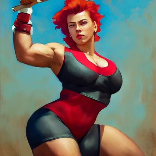 Image similar to greg manchess portrait of thick muscular weightlifter zarya from overwatch with ponytail and red hair played by scarlett johansson, medium shot, asymmetrical, profile picture, organic painting, sunny day, matte painting, bold shapes, hard edges, street art, trending on artstation, by huang guangjian and gil elvgren and sachin teng