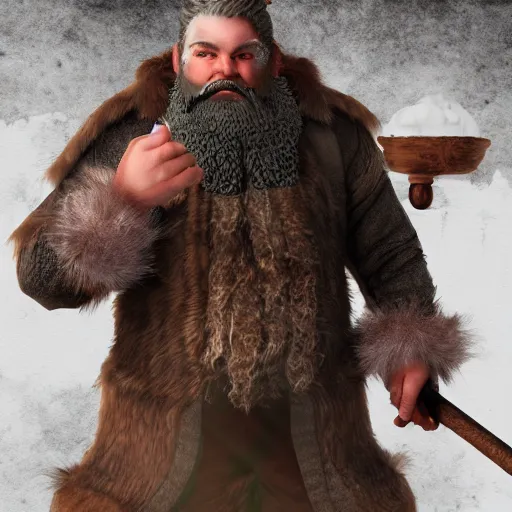 Image similar to fantasy middle - aged burly lumberjack with a beard, render, photorealistic, dungeons and dragons, realistic, dark hair, wearing a fur coat, high quality matte painting, midjourney