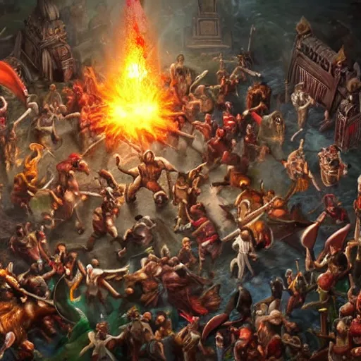 Prompt: a horde of gods are fighting against people from office, realistic photo, nowadays