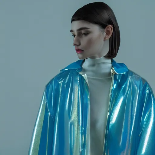 Image similar to an ultra high definition professional studio quality photograph of a transparent iridescent perspex pastel coloured raincoat and head tent on a model in an empty white room. dramatic lighting, ray tracing, refraction, shallow d. o. f, colour corrected, golden ratio, three point light. volumetric shadows. light rays.