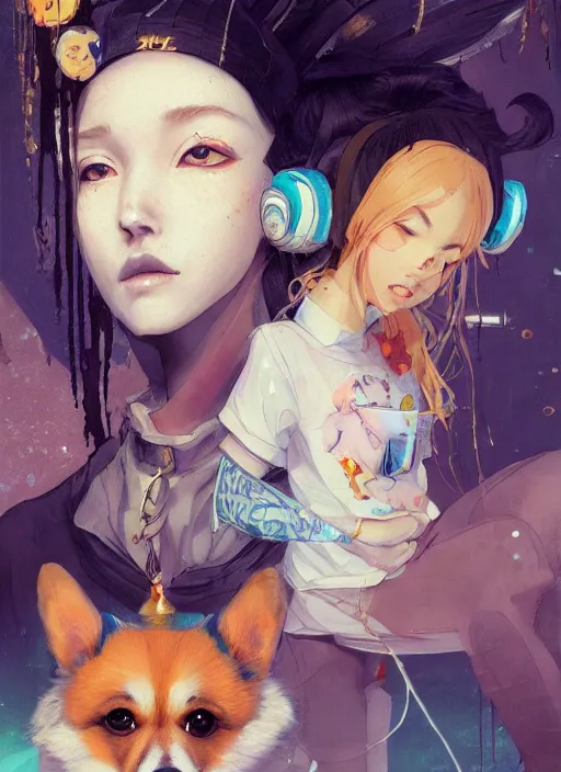 Prompt: beautiful fantasy painting of a Hiphop Lofi anime queen and corgi chilling to Lofi music, by Kenne Gregoire, James Jean, Tran Nguyen, WLOP, Jakub Rebelka. trending on Artstation, 8k, masterpiece, face enhance, graffiti paint, fine detail, full of color, intricate detail, golden ratio illustration