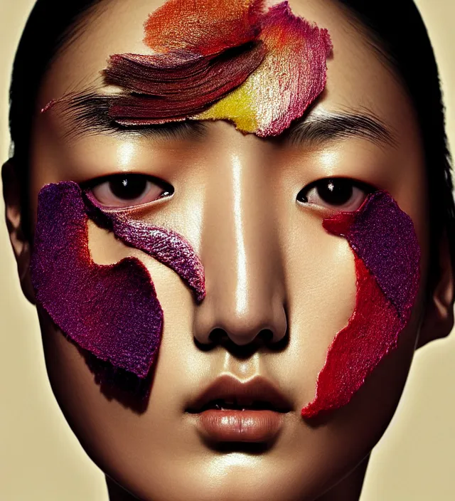 Image similar to photography facial portrait of liu wen, natural background, natural pose, wearing stunning cape by iris van herpen, with a colorfull makeup. highly detailed, skin grain detail, photography by paolo roversi, nick knight, helmut newton, avedon, araki