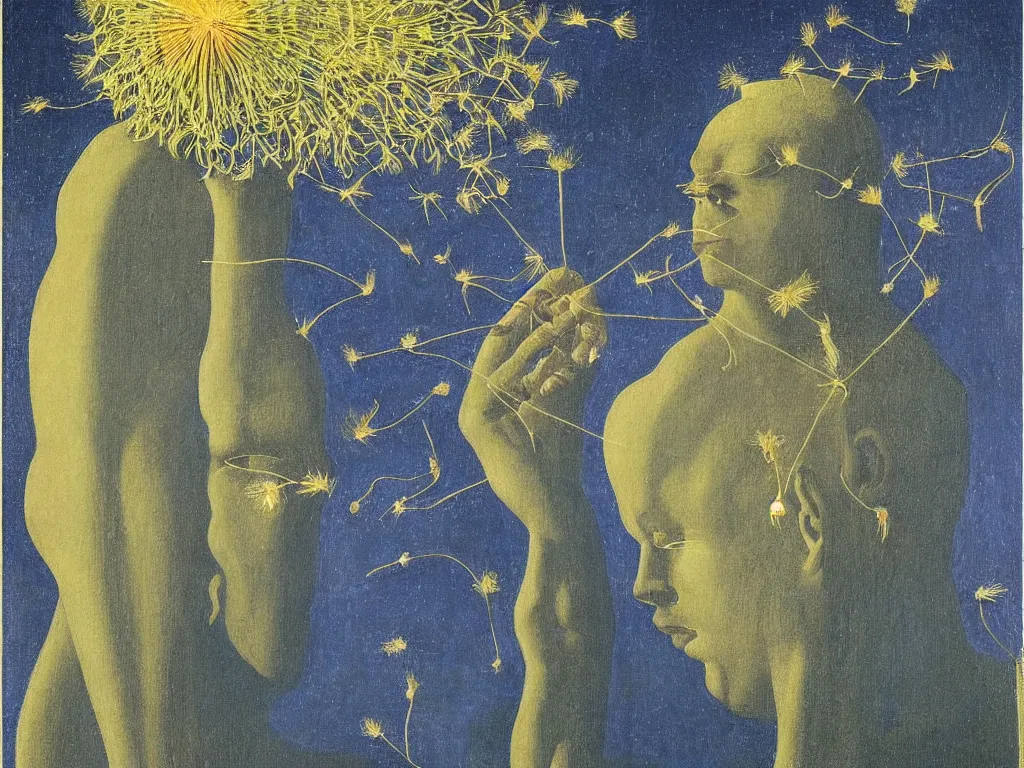 Image similar to African god mask fountainhead with glowing Dandelion seed storm. Painting by Rene Magritte, Piero della Francesca, Jean Delville, Max Ernst, Maria Sybilla Merian