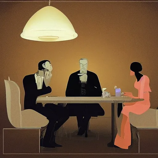 Prompt: The digital art depicts two people, a man and a woman, sitting at a table. The man is looking at the woman with a facial expression that indicates he is interested in her. The woman is looking at the man with a facial expression that indicates she is not interested in him. There is a lamp on the table between them. vantablack, cutaway by Nicolas Mignard casual, kaleidoscopic