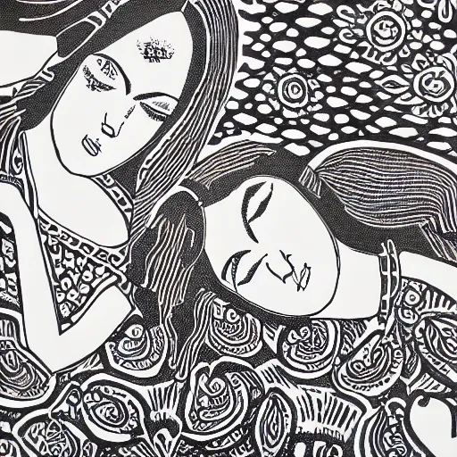 Image similar to lovers, detailed intricate block print, 4k, black ink on white paper