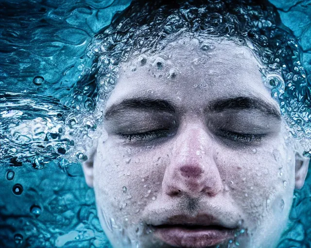 Prompt: water art manipulation of a surreal human head with open eyes burried in the ocean, shot from the top, hyper realistic, ray tracing, realistic water, sharp focus, 8 k resolution, cinematic