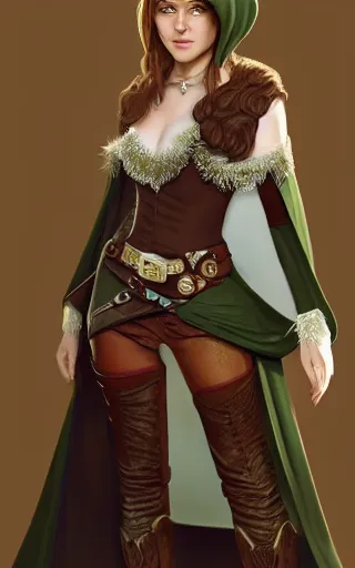 Prompt: a beautiful woman, high cheek bones, half smile, mischievous, bard, brown hair, messy hairstyle, short hair, cream colored peasant shirt, brown pants, leather boots, dark green cloak, round hood, elf ears, youthful, white background, proportionate, by Tony Sart, trending on artstation, realistic, highly detailed, masterpiece