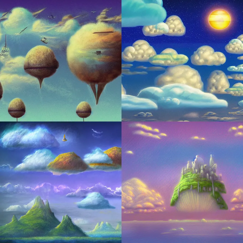 Prompt: fantasy landscape with floating islands in the sky, and airships going through the sky. Pastel HD