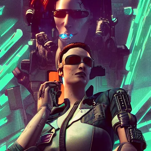 Image similar to Maria. cyberpunk mercenary smoking a cigar. Style of James Gurney and Mœbius. (Cyberpunk 2077. Blade Runner. Apex Legends. The matrix)