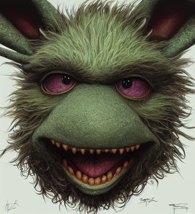 Prompt: hyper realistic portrait of muppet monster goblin, cinematic, symmetric face, dark crystal, artstation, cgsociety, alan lee, jean baptiste monge, scott radke