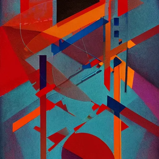 Prompt: the brittle. digital painting, vertical, intricate, beautiful, detailed, grunge, illustration, abstract art by el lissitzky and malevich and kandinsky, trending on artstation. blue, dark red and dark purple color scheme, gradient darker to bottom