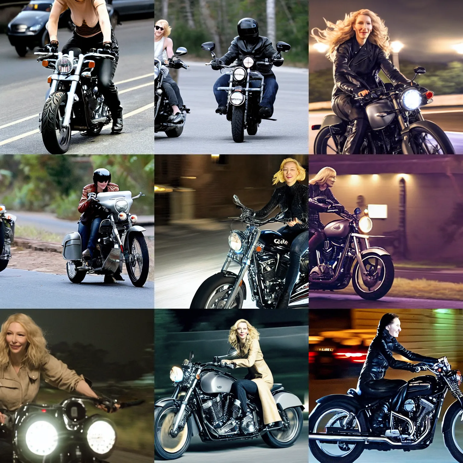 Prompt: cate blanchet riding a motorcycle at night