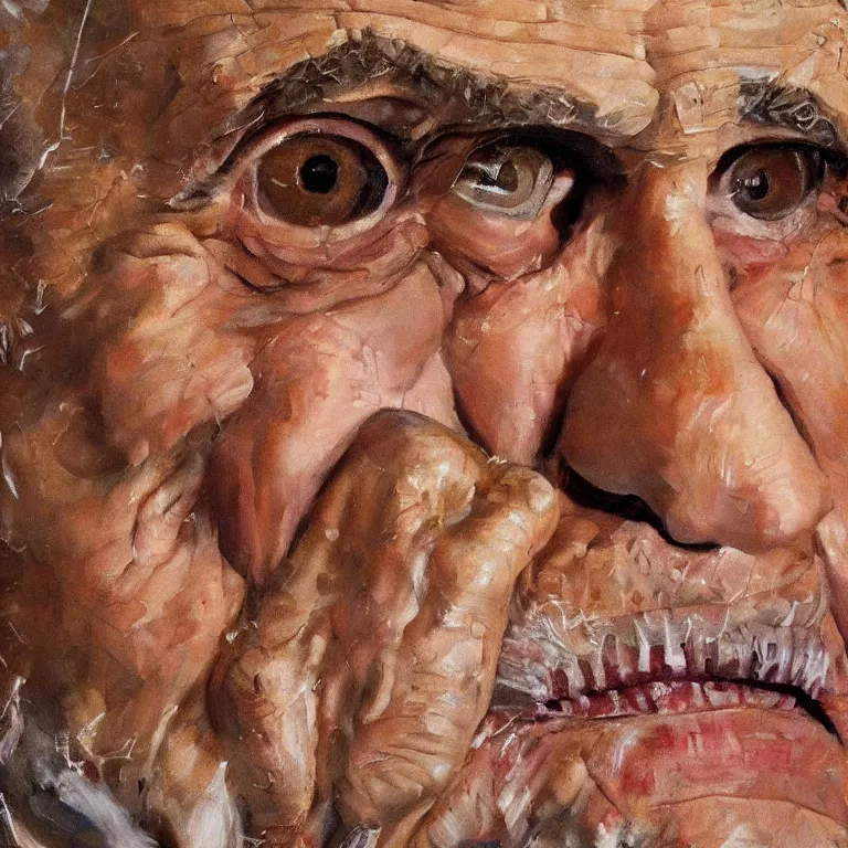 Prompt: warmly lit close up studio portrait of aging old Rudy Giuliani age 115 wrinkled furious, impasto oil painting thick brushstrokes by Lucian Freud and Cy Twombly and Tim Hawkinson , trending on artstation dramatic lighting Expressionism