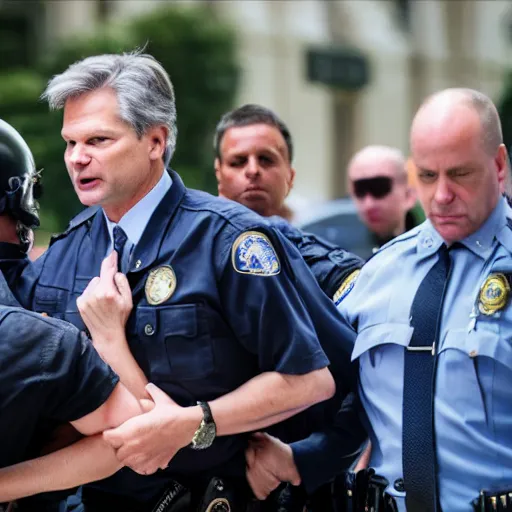 Image similar to fbi director Christopher wray getting arrested by police agents, photo 85mm, f/1.3