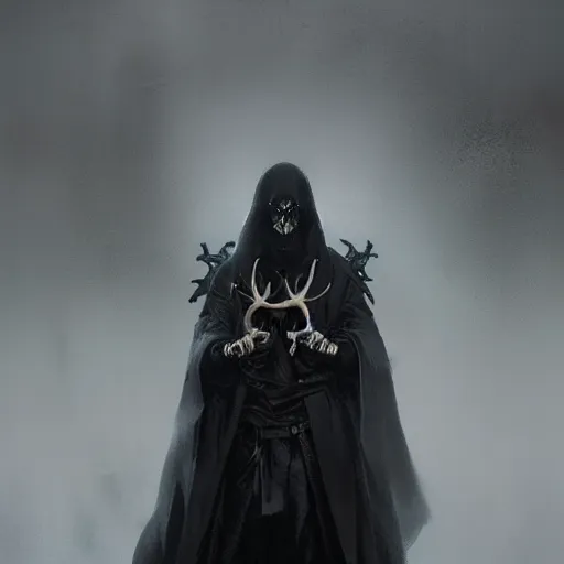 Image similar to portrait of a character wearing a black cloak, with a white deer skull mask, dramatic lighting, illustration by Greg rutkowski, yoji shinkawa, 4k, digital art, concept art, trending on artstation