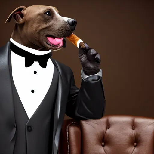 Prompt: An anthropomorphic pitbull wearing a tuxedo and smoking a cigar sitting in an office chair in a dark room, 8k, highly detailed, cinematic,