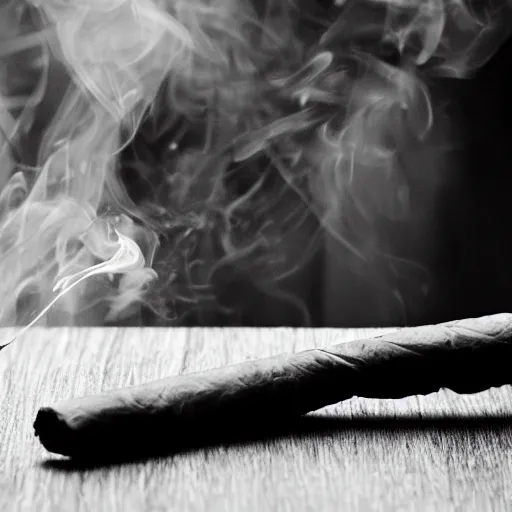 Prompt: cigar on a table, smoke slowly wafting up from the tip, black and white ultra hd