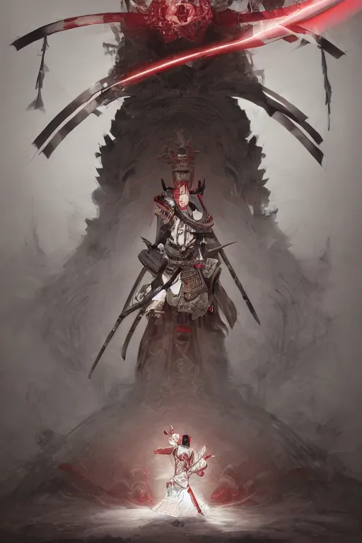 Prompt: a photographic portrait of a powerful samurai cloaked in white, carrying swords on his back, standing under a beam of light, a dark cave, ruby red sorrow, intricate, elegant, highly detailed, ornate, beautifully lit, ray traced, octane render, in the style of Peter Mohrbacher and Peter Gric