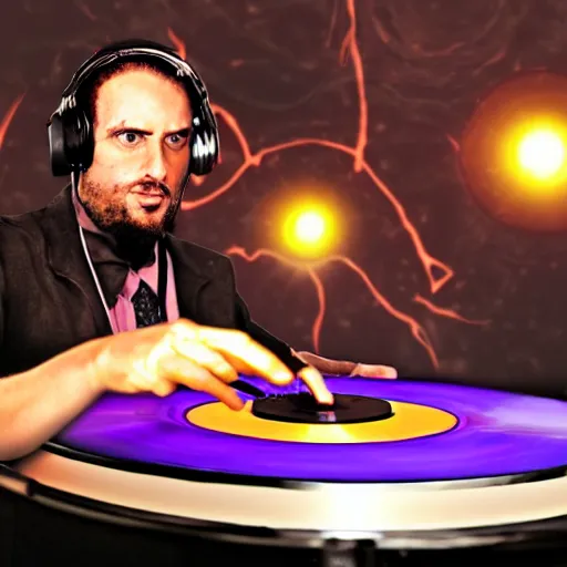 Prompt: satan dj with hand on record spinning