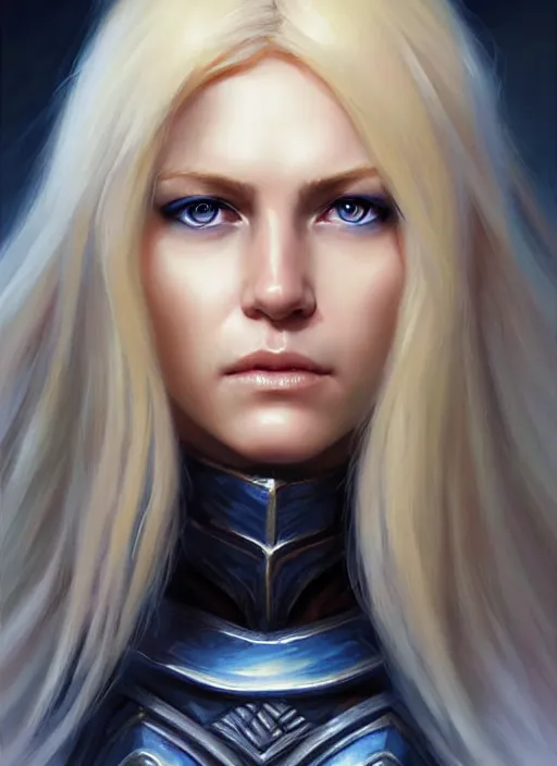 Image similar to a _ fantasy _ style _ portrait _ painting _ of timid white female paladin with blonde hair and blue eyes,, scar under left eye, holy oil _ painting _ unreal _ 5 _ daz. _ rpg _ portrait _ extremely _ detailed _ artgerm _ greg _ rutkowski _ greg