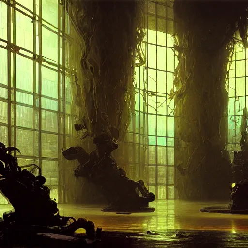 Prompt: painting of a steel scifi liminal space made of ceramic marble wall, iris van hapen ornamentation, bioluminiscent, syd mead, andreas achenbach